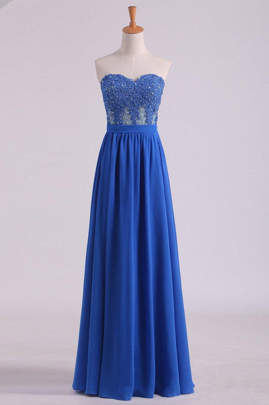 2024 Sweetheart A Line Prom Dresses Chiffon With Applique And Beads Floor Length