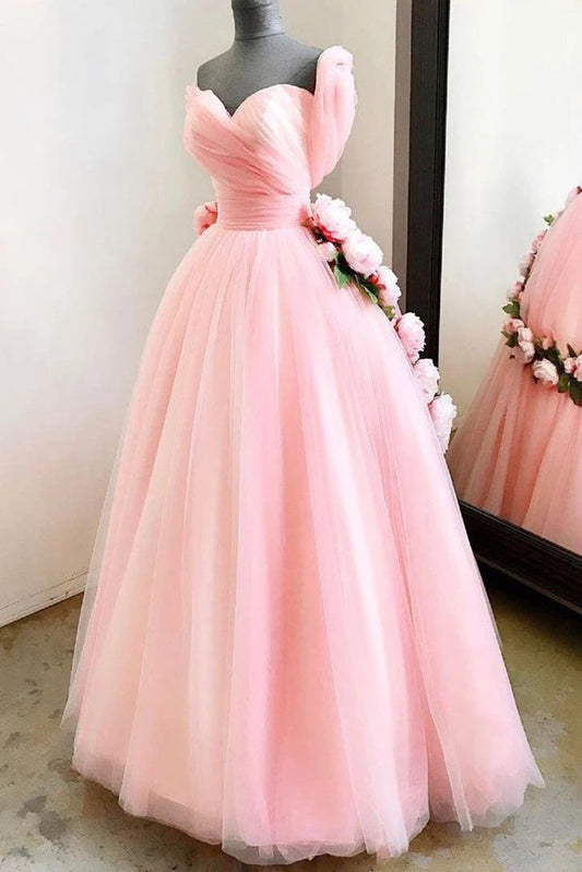 Charming Ball Gown Sweetheart Long Prom Dresses, Pink Sweet 16 Dress With Handmade Flowers SRS15094