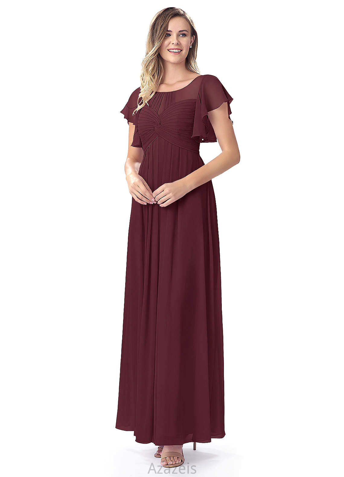 Ainsley Floor Length Spaghetti Staps Natural Waist Off The Shoulder A-Line/Princess Sleeveless Bridesmaid Dresses