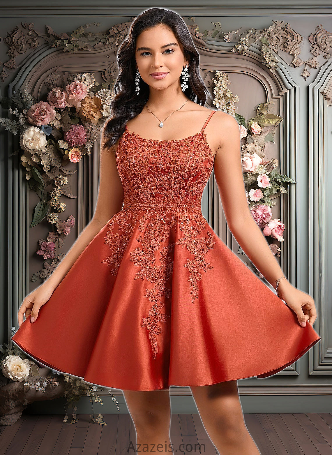 Alanna A-line Scoop Short Satin Lace Homecoming Dress With Sequins DFP0025683