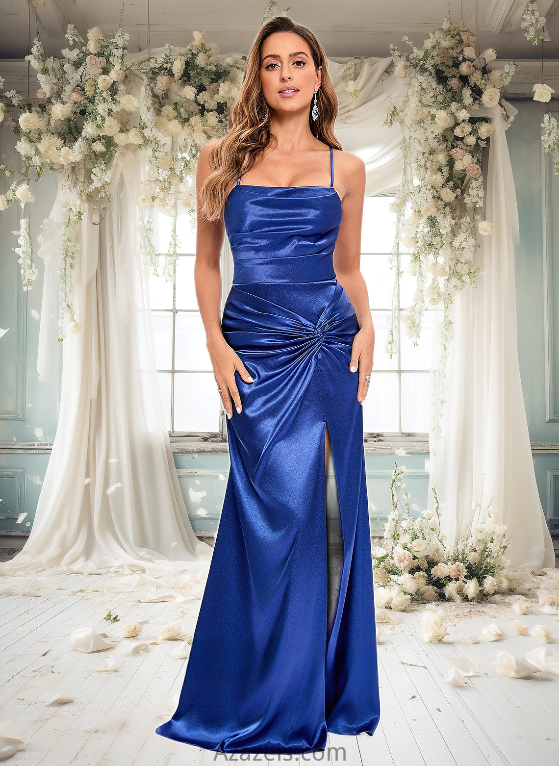 Jaliyah Trumpet/Mermaid Straight Floor-Length Stretch Satin Prom Dresses DFP0025845