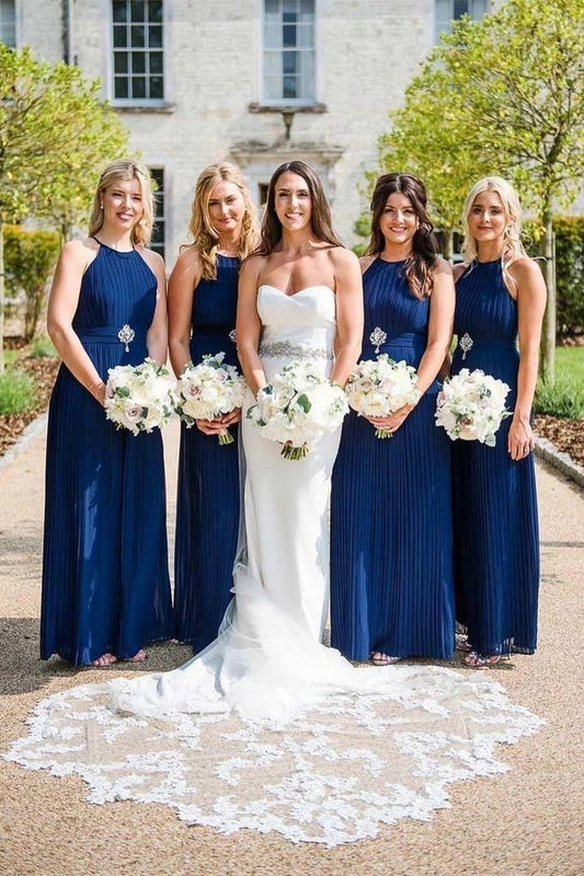 Charming Halter Neck Blue Pleated Long Bridesmaid Dresses, Wedding Party Dresses SRS15099