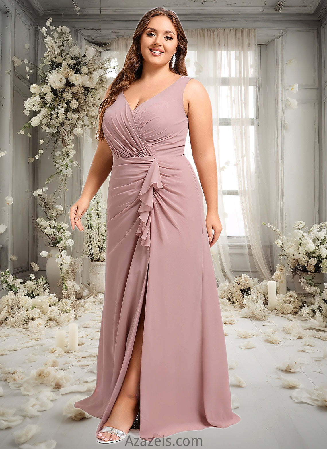 Izabelle A-line V-Neck Floor-Length Chiffon Bridesmaid Dress DFP0025820