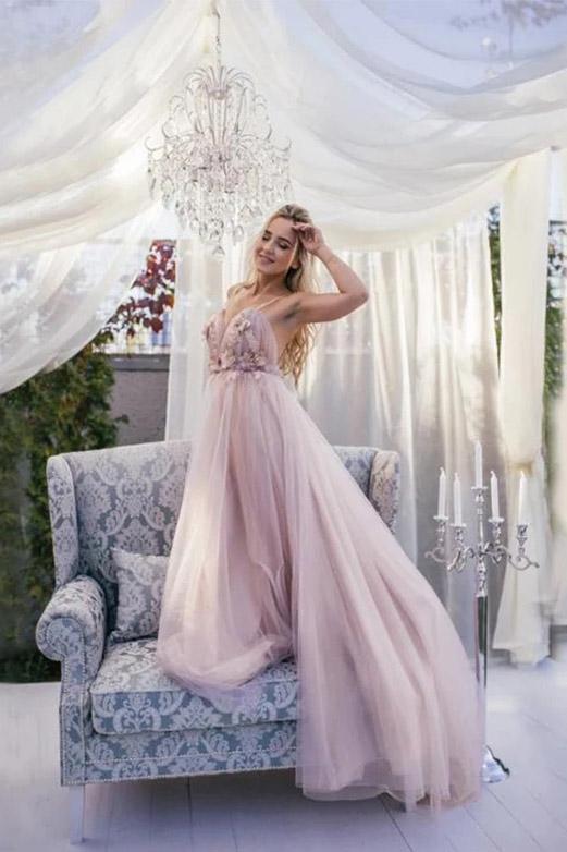 Elegant A Line Spaghetti Straps V Neck Prom Dress With Handmade Flowers, Bridesmaid Dress SRS15577