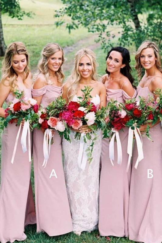 Dusty Pink Chiffon Sheath Off Shoulder Long Bridesmaid Dresses, Wedding Party Dresses SRS15141