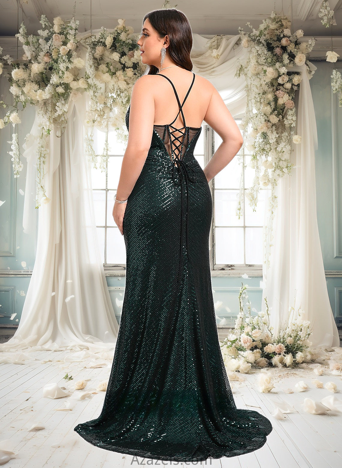 Lynn Trumpet/Mermaid V-Neck Sweep Train Sequin Prom Dresses With Sequins DFP0025839