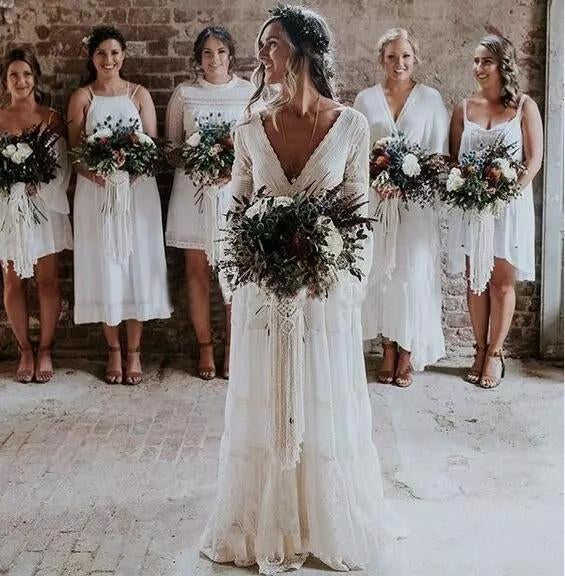 A line Long Sleeve Deep V Neck Lace Backless Wedding Dresses Long Bridal Dresses