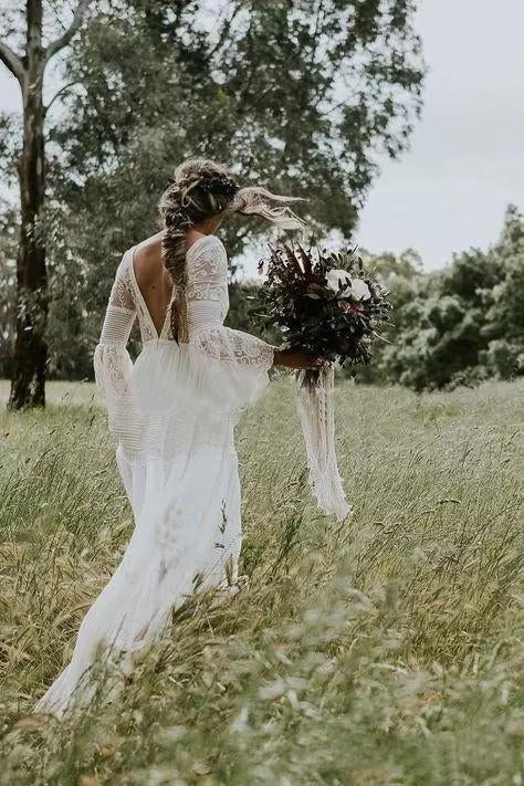 A line Long Sleeve Deep V Neck Lace Backless Wedding Dresses Long Bridal Dresses
