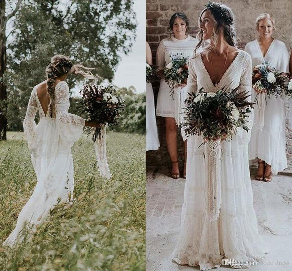 A line Long Sleeve Deep V Neck Lace Backless Wedding Dresses Long Bridal Dresses