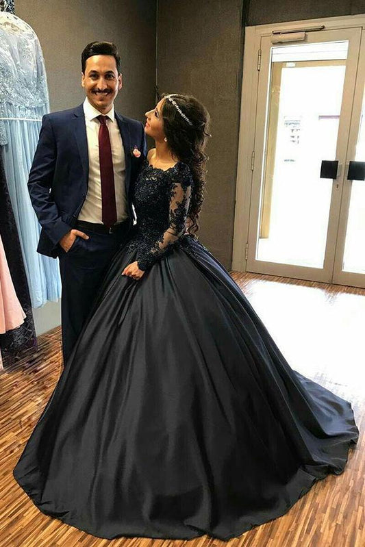 Ball Gown Long Sleeves Navy Blue With Lace Prom Dress Quinceanera Dresses JS450