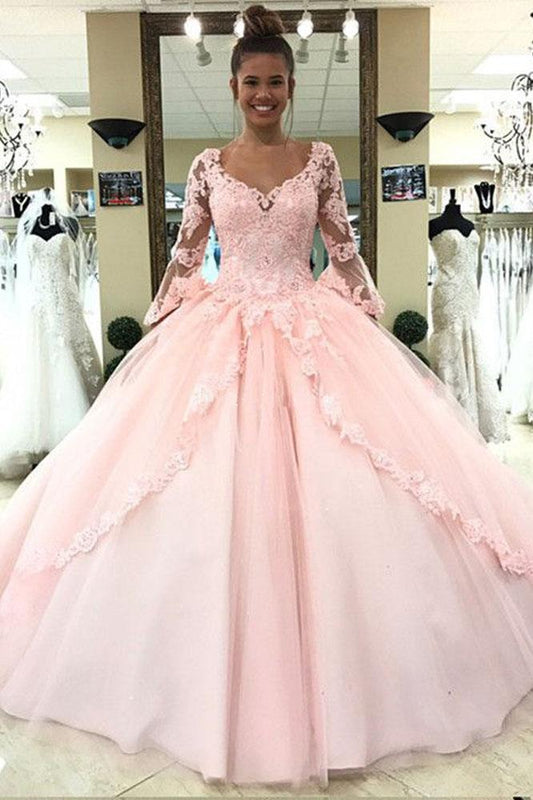 Ball Gown Pink V Neck Long Sleeve Appliques Prom Dresses with Lace up Quinceanera Dresses H1136