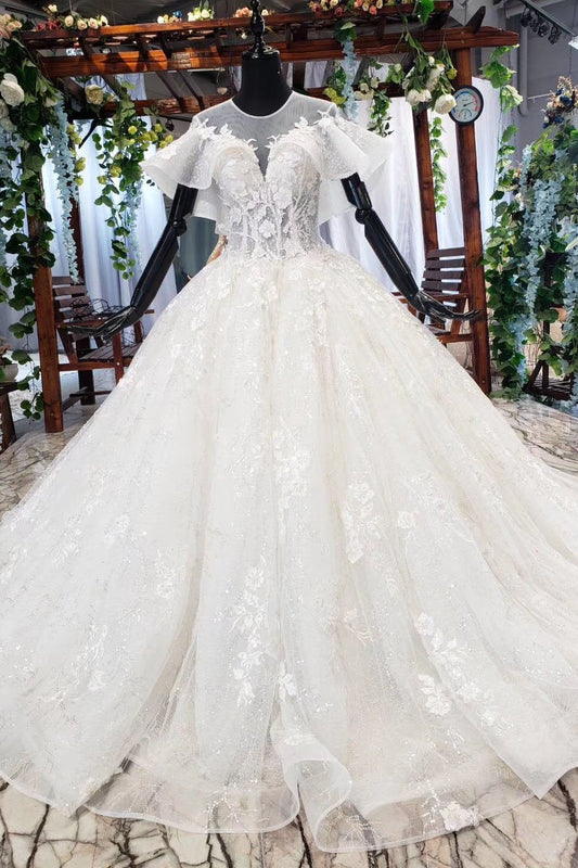 Ball Gown Round Neck Ivory Beads Open Back Wedding Dresses Quinceanera Dresses W1056