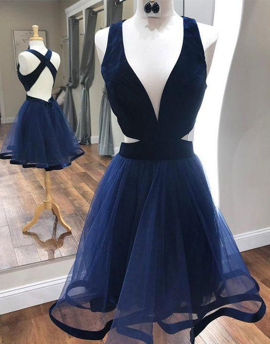 Deep Homecoming Dresses Cocktail Maya A Line V-Neck Sexy Dresses With Criss Cross Back Navy Blue DF11695