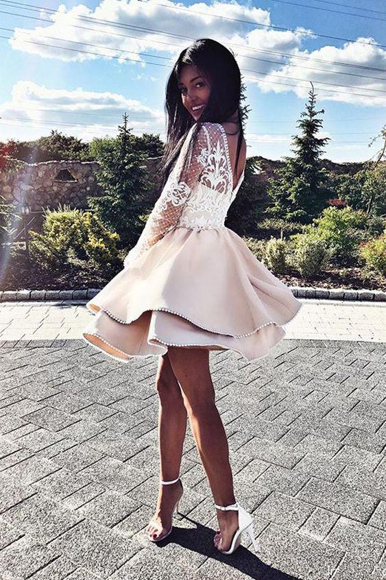 Cute Round Neck White Long Sleeves Champagne Short Quinceanera Dresses Short Heidi Satin Lace A Line Homecoming Dresses Party Dresses DF150