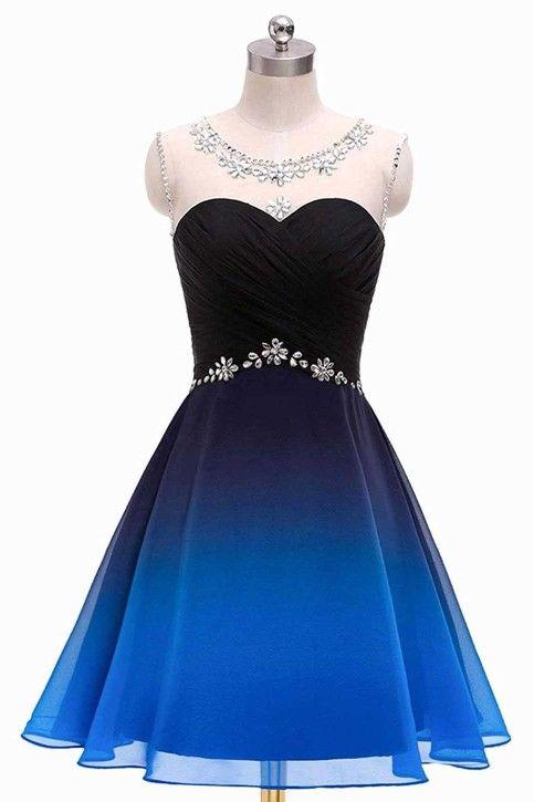 Round Neck Beads Blue And A Line Homecoming Dresses Jaylyn Cocktail Black Short Dresses Ruffles Straps Dresses DF1874