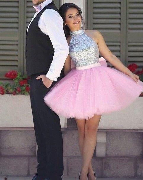 Cute Mini Short High Neck Light Tulle Sequins Mini Cocktail Amiah Pink Homecoming Dresses Junior Party Dress DF420