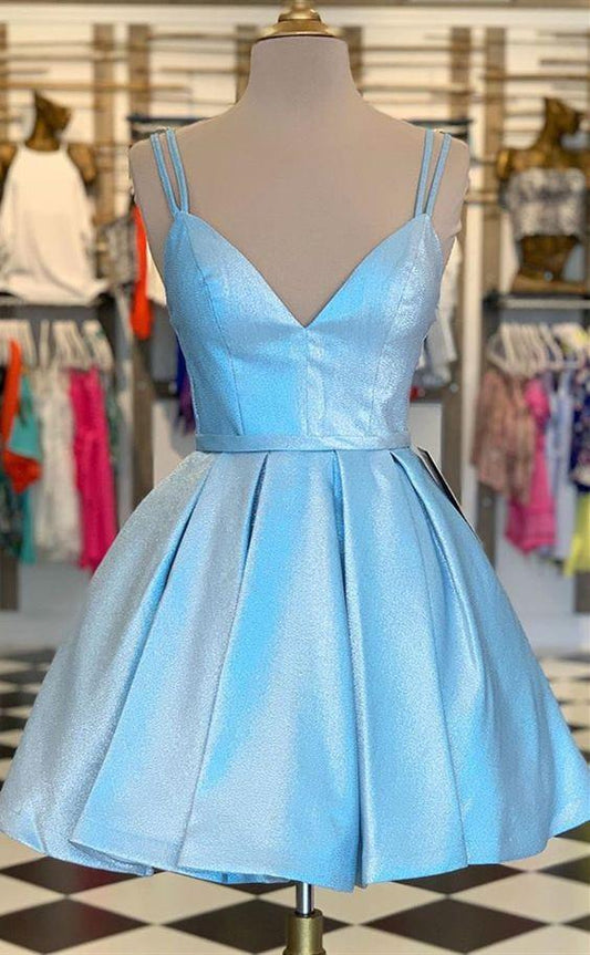 Formal Graduation Party Homecoming Dresses Cocktail Brylee A Line Dresses Spaghetti Straps Blue Party Dresses DF4381
