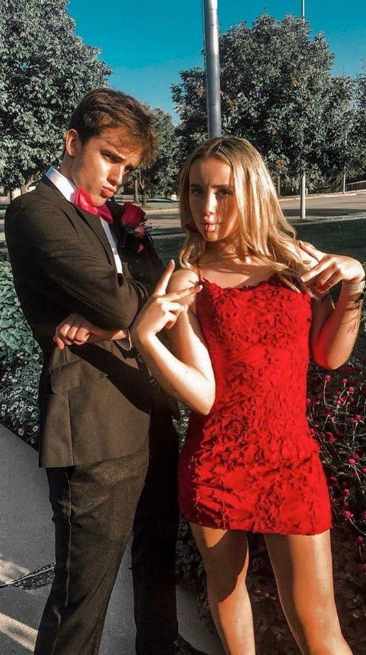 Sexy Red Short Tight Lace Cocktail Homecoming Dresses Melanie Short Party Dresses Cheap Dresses For Teens DF8486