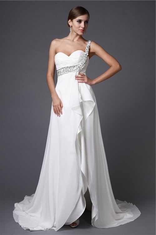 A-Line/Princess One Shoulder Sleeveless Long Beading Chiffon Cocktail Dresses DFP0004374
