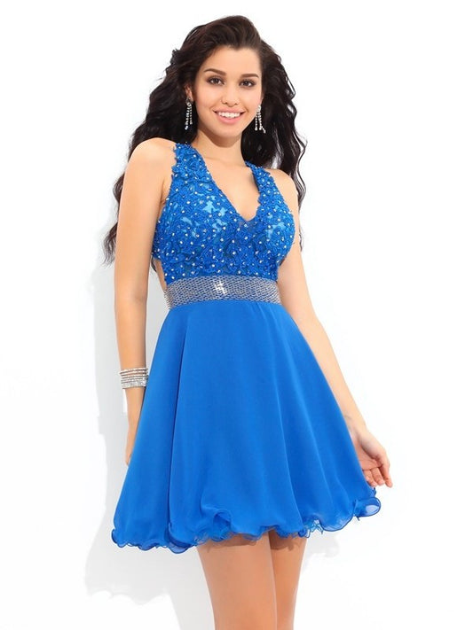A-Line/Princess V-neck Applique Sleeveless Short Chiffon Cocktail Dresses DFP0003159