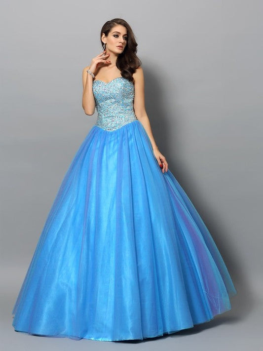 Ball Gown Sweetheart Beading Sleeveless Long Elastic Woven Satin Quinceanera Dresses DFP0003603