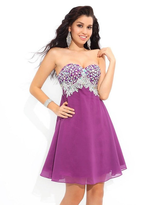 A-Line/Princess Sweetheart Rhinestone Sleeveless Short Chiffon Cocktail Dresses DFP0004123