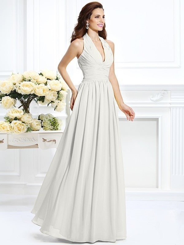 A-Line/Princess Halter Pleats Sleeveless Long Chiffon Bridesmaid Dresses DFP0002801