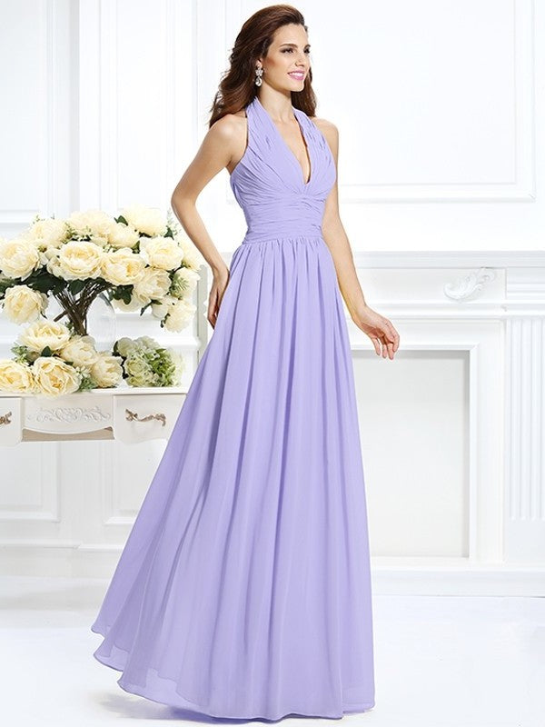 A-Line/Princess Halter Pleats Sleeveless Long Chiffon Bridesmaid Dresses DFP0002801