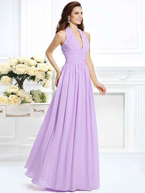 A-Line/Princess Halter Pleats Sleeveless Long Chiffon Bridesmaid Dresses DFP0002801
