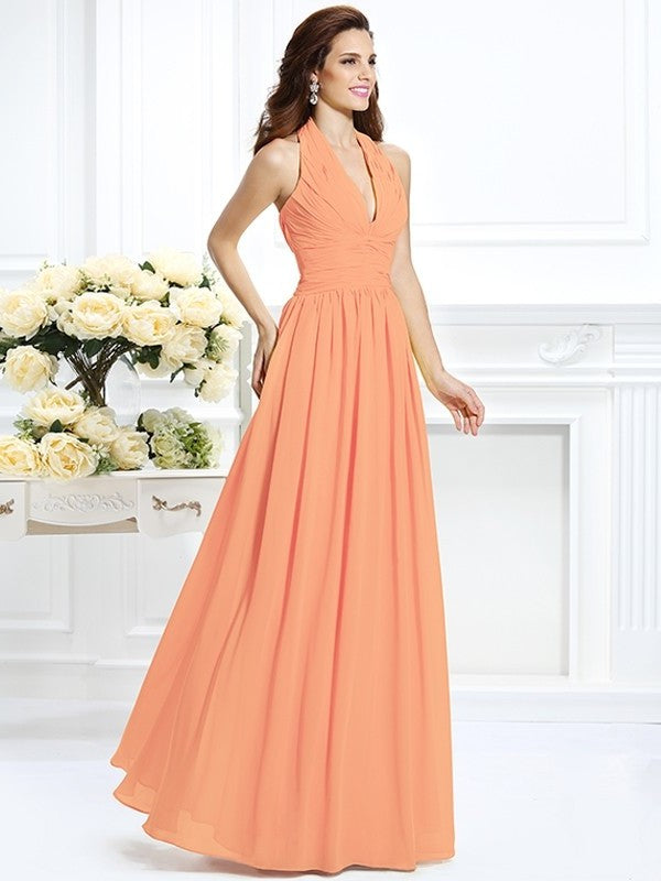 A-Line/Princess Halter Pleats Sleeveless Long Chiffon Bridesmaid Dresses DFP0002801