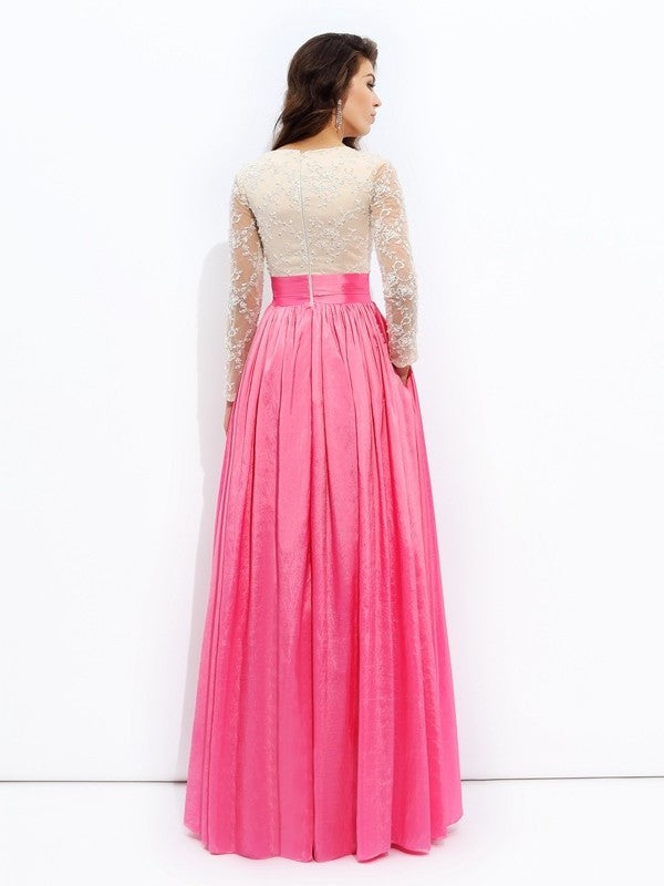 A-line/Princess V-neck Lace Long Sleeves Long Taffeta Dresses DFP0002868