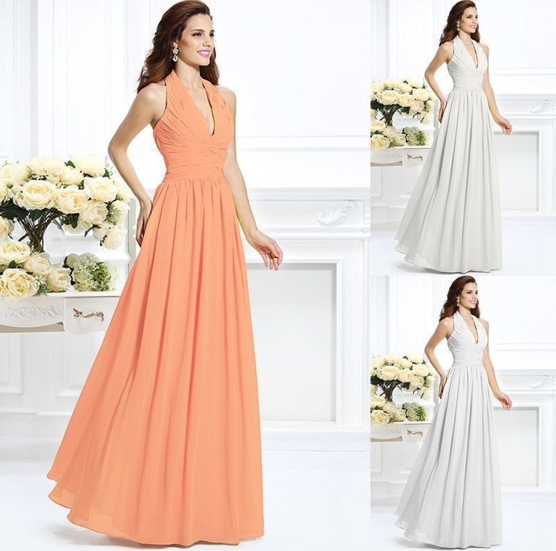 A-Line/Princess Halter Pleats Sleeveless Long Chiffon Bridesmaid Dresses DFP0002801