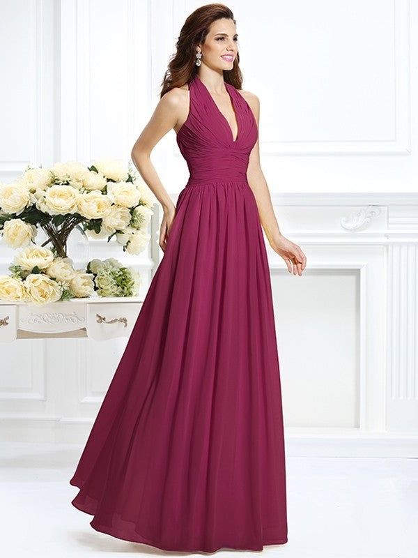 A-Line/Princess Halter Pleats Sleeveless Long Chiffon Bridesmaid Dresses DFP0002801