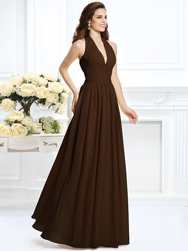 A-Line/Princess Halter Pleats Sleeveless Long Chiffon Bridesmaid Dresses DFP0002801