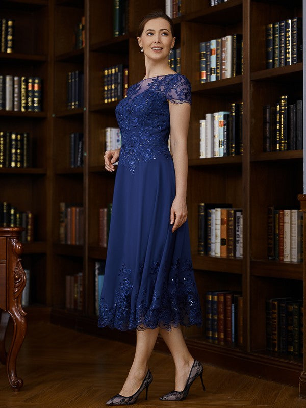 Ruby A-Line/Princess Chiffon Applique Bateau Short Sleeves Tea-Length Mother of the Bride Dresses DFP0020275