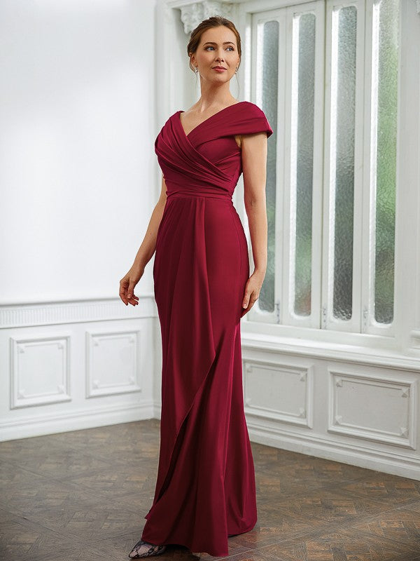 Violet Sheath/Column Jersey Ruched V-neck Short Sleeves Floor-Length Mother of the Bride Dresses DFP0020252